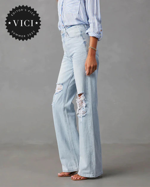 Alycia High Rise Distressed Wide Leg Jeans - Light Wash | VICI