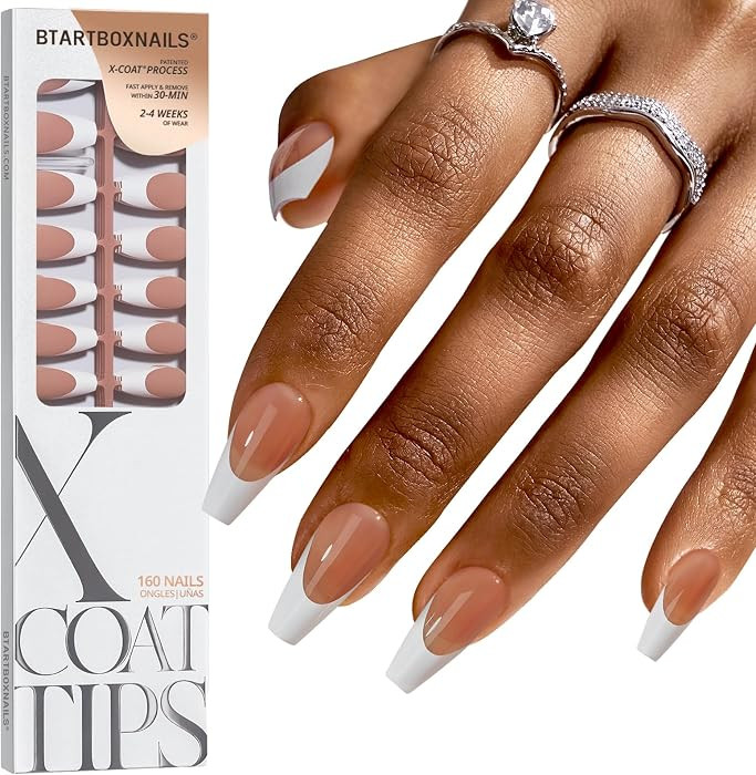 BTArtboxnails XCOATTIPS White French Tip Press On Nails, Long Coffin, Brown | Amazon (US)