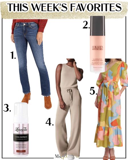 Here are the Friday Faves:
1. My most reached for jeans. Don’t let the “bootcut” scare you-they’re a slim cut!
2. This brightening eye cream corrects & brightens and moisturizes! I use it every morning now! GOLDGIRL20 for 20% off!
3. When I can’t tone it, I tan it. This one works in 2 hours!
4. This jumpsuit is made for loungewear but can be dressed up too!
5. One of favorite dress brands ever is now found on @Amazon. This abstract floral even has pockets (under $100).

#fridayfaves #fridayfinds #spanx #amazonfinds #curvyjeans 

#LTKunder100 #LTKFind #LTKbeauty