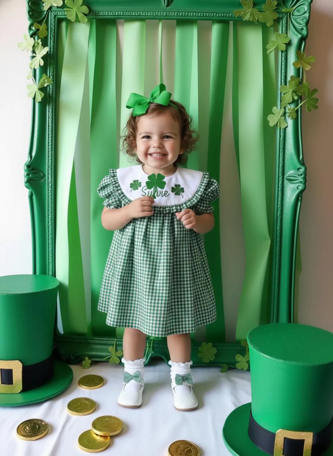 Shamrock St. Patrick's Day Dress in Green Gingham, Embroidered Monogrammed Shamrock Dress, Vintag... | Etsy (US)