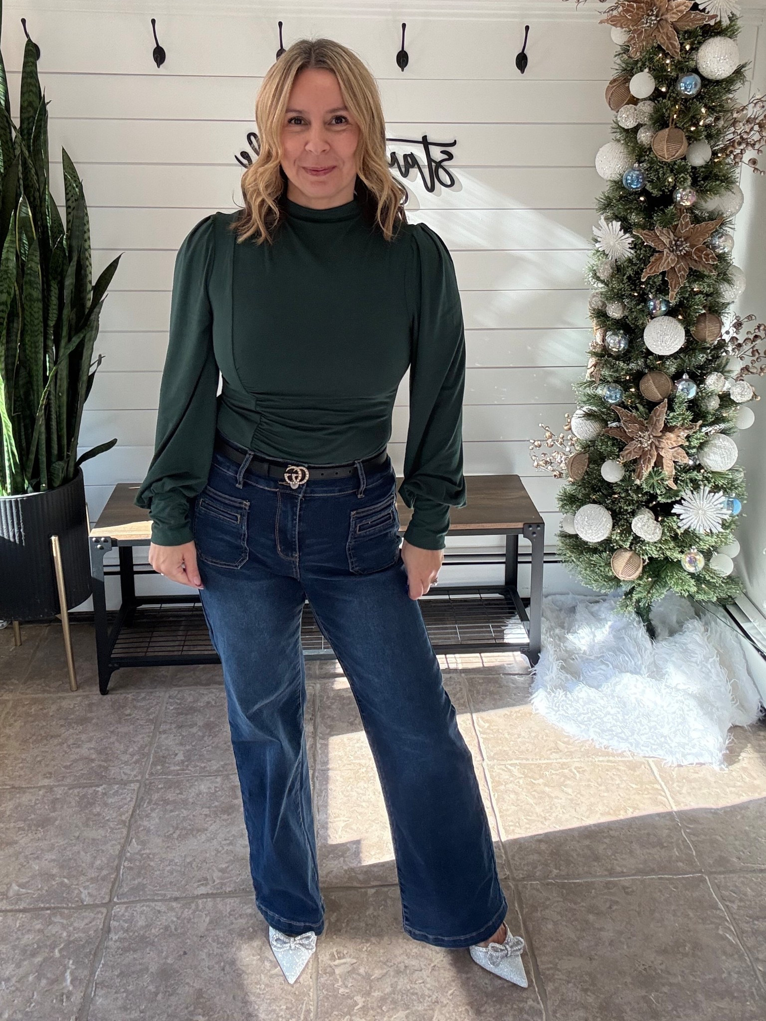 Holiday outfit idea! This top comes in many colors and has ruching in the belly 🙌🏼 it’s stretchy and so good! Jeans are a size 8 and I love the bow heels ✨ Amazon fashion

#LTKFindsUnder50 #LTKHoliday #LTKOver40