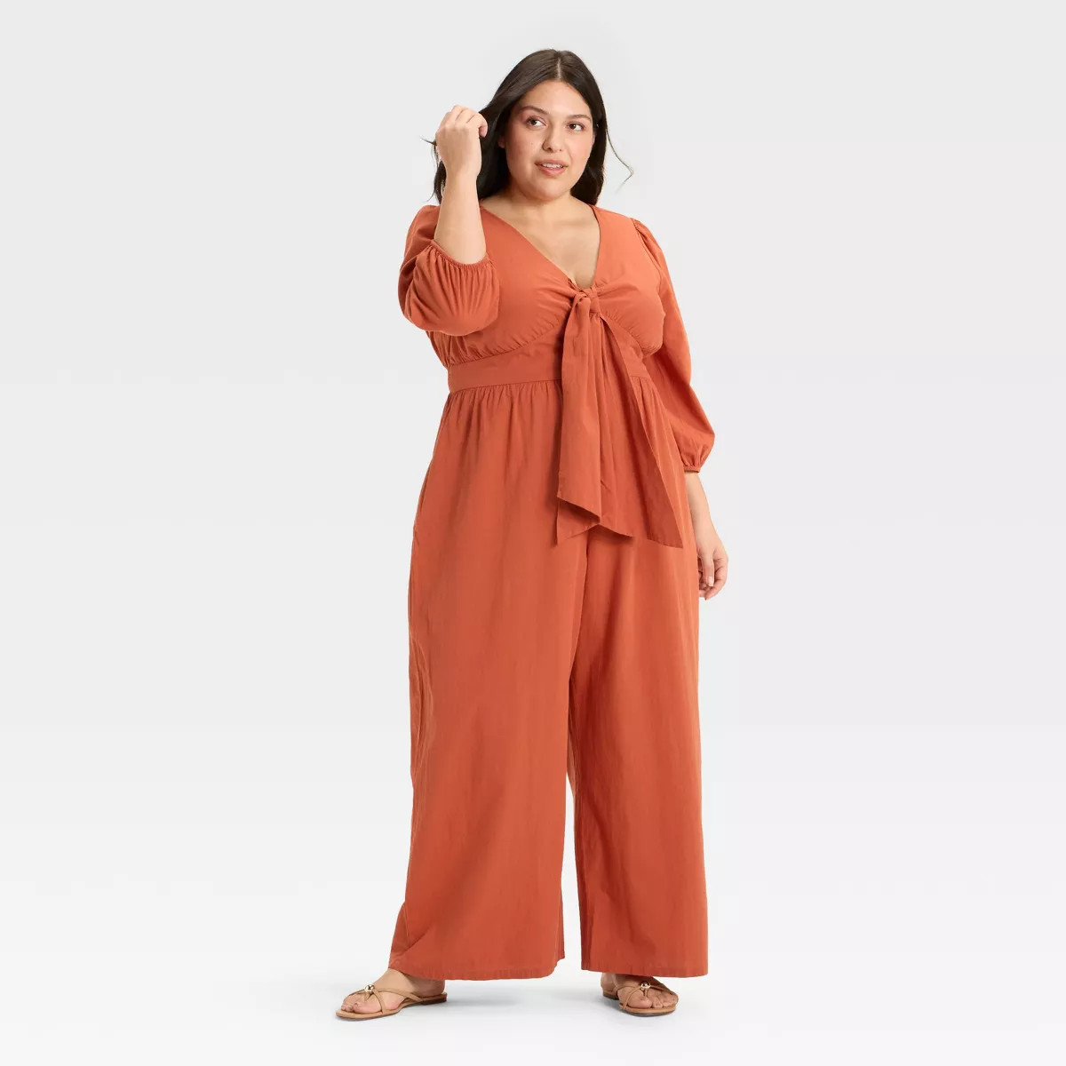 Women's Flutter Elbow Sleeve Tie-Front Jumpsuit - Ava & Viv™ Rust 3X | Target