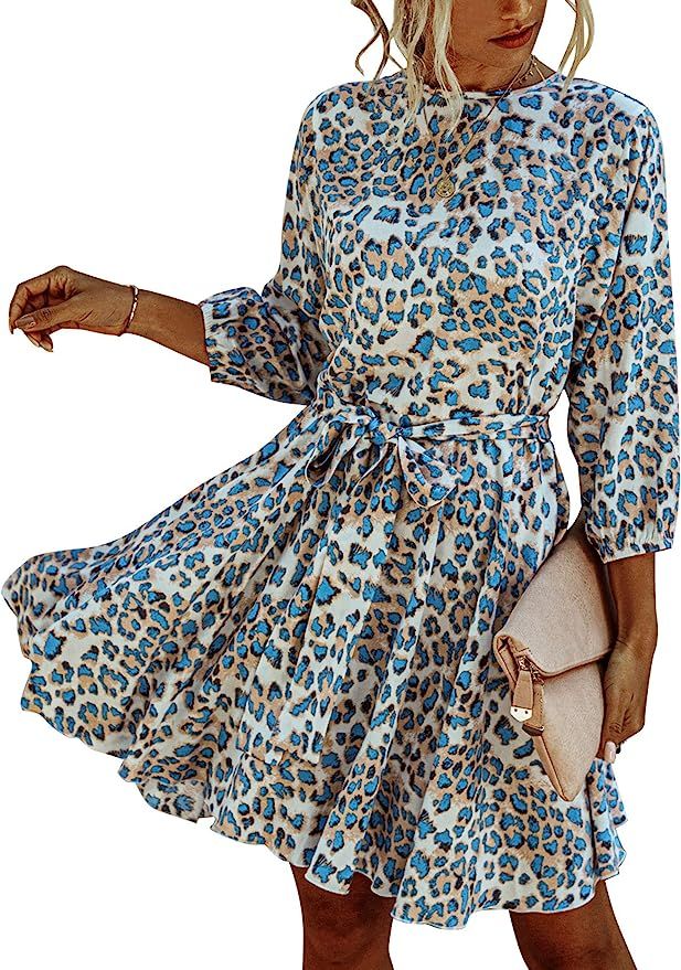 Angashion Women's Dresses Casual Leopard Print 3/4 Sleeve Skater Mini Swing Dress with Belt | Amazon (US)