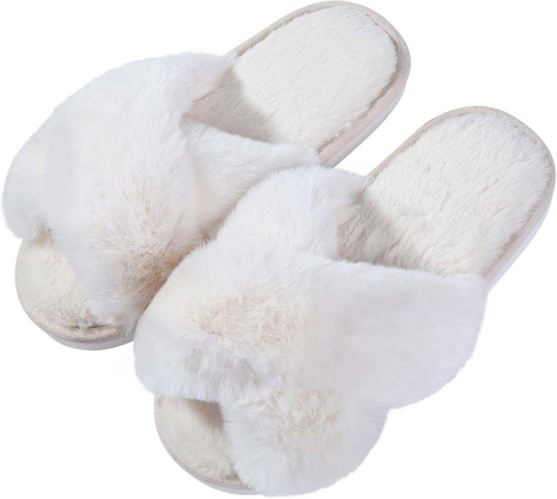 Evshine Women's Fuzzy Slippers Cross Band Memory Foam House Slippers Open Toe | Amazon (US)