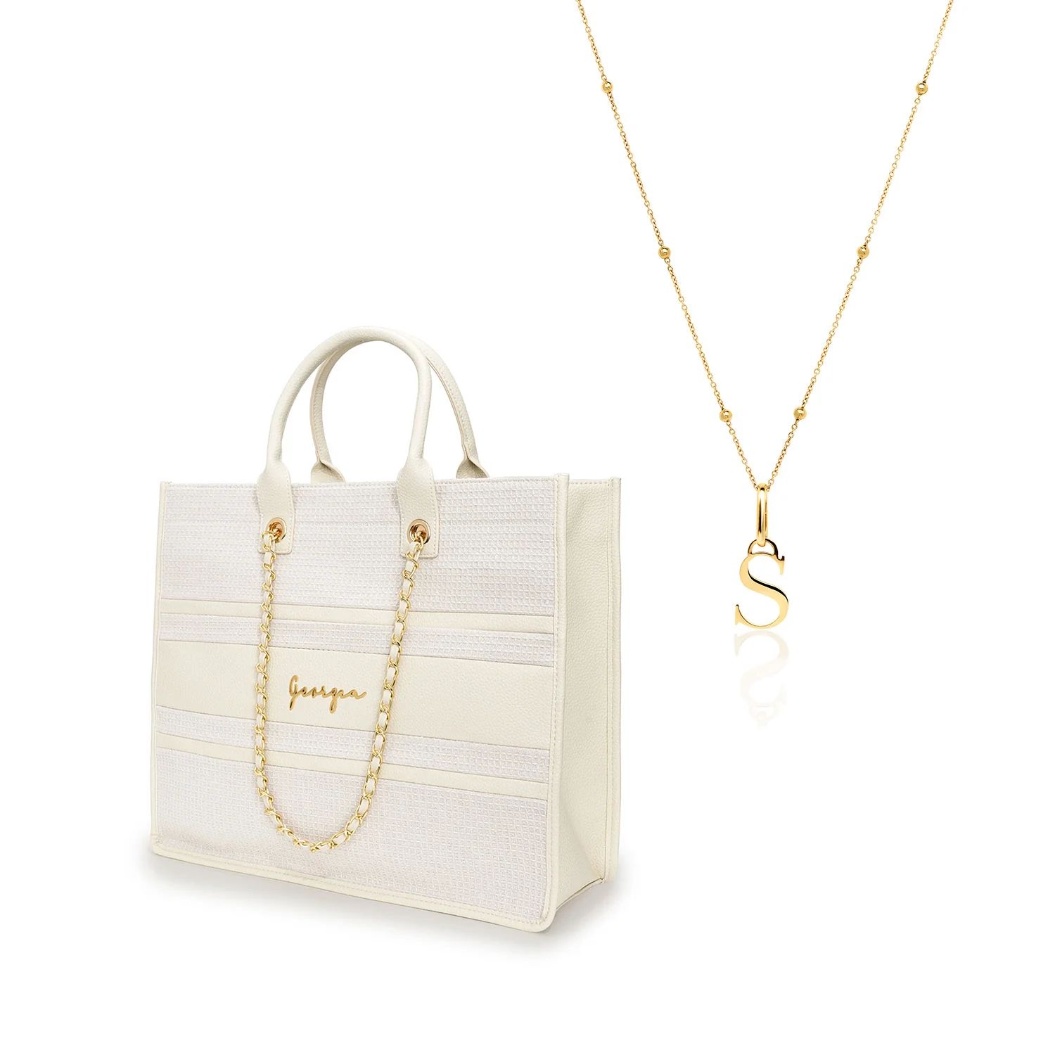 Ivory Waffle Resort Bag & Initial Necklace Bundle | Abbott Lyon