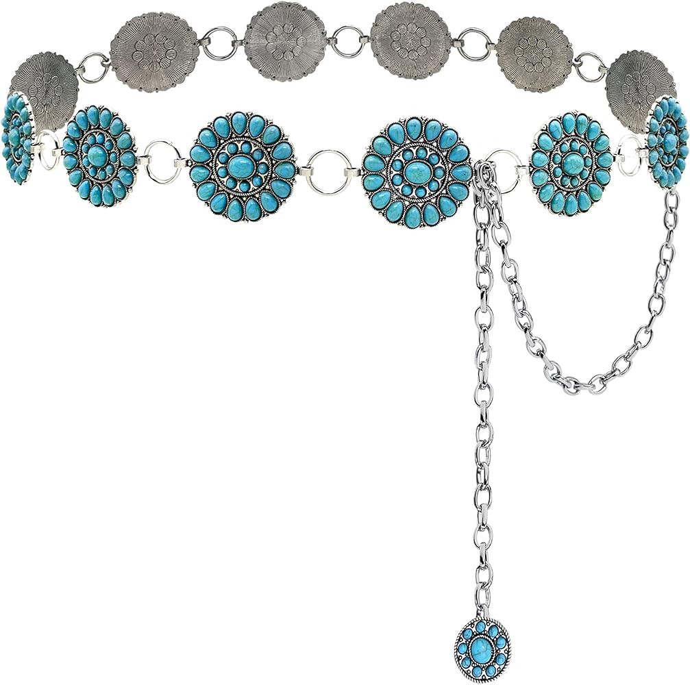 Boho Turquoise Concho Belt Silver Metal Western Turquoise Belts Waist Chain Belt for Women Dress | Amazon (US)