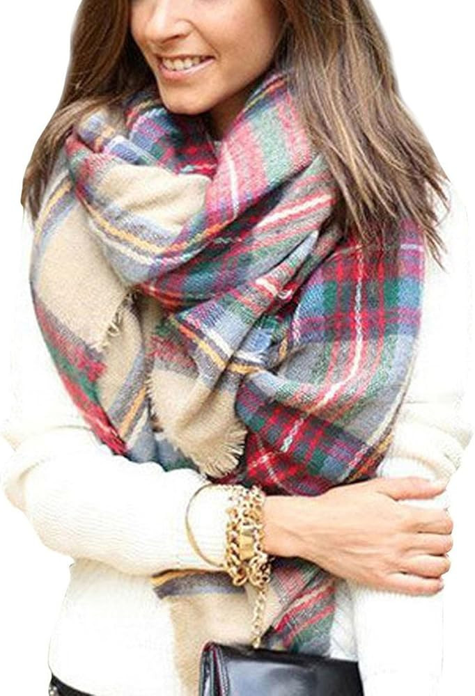 Warm Women Blanket Scarf Oversized Tassel Tartan Wrap Shawl Plaid Cozy Checked Pashmina | Amazon (US)
