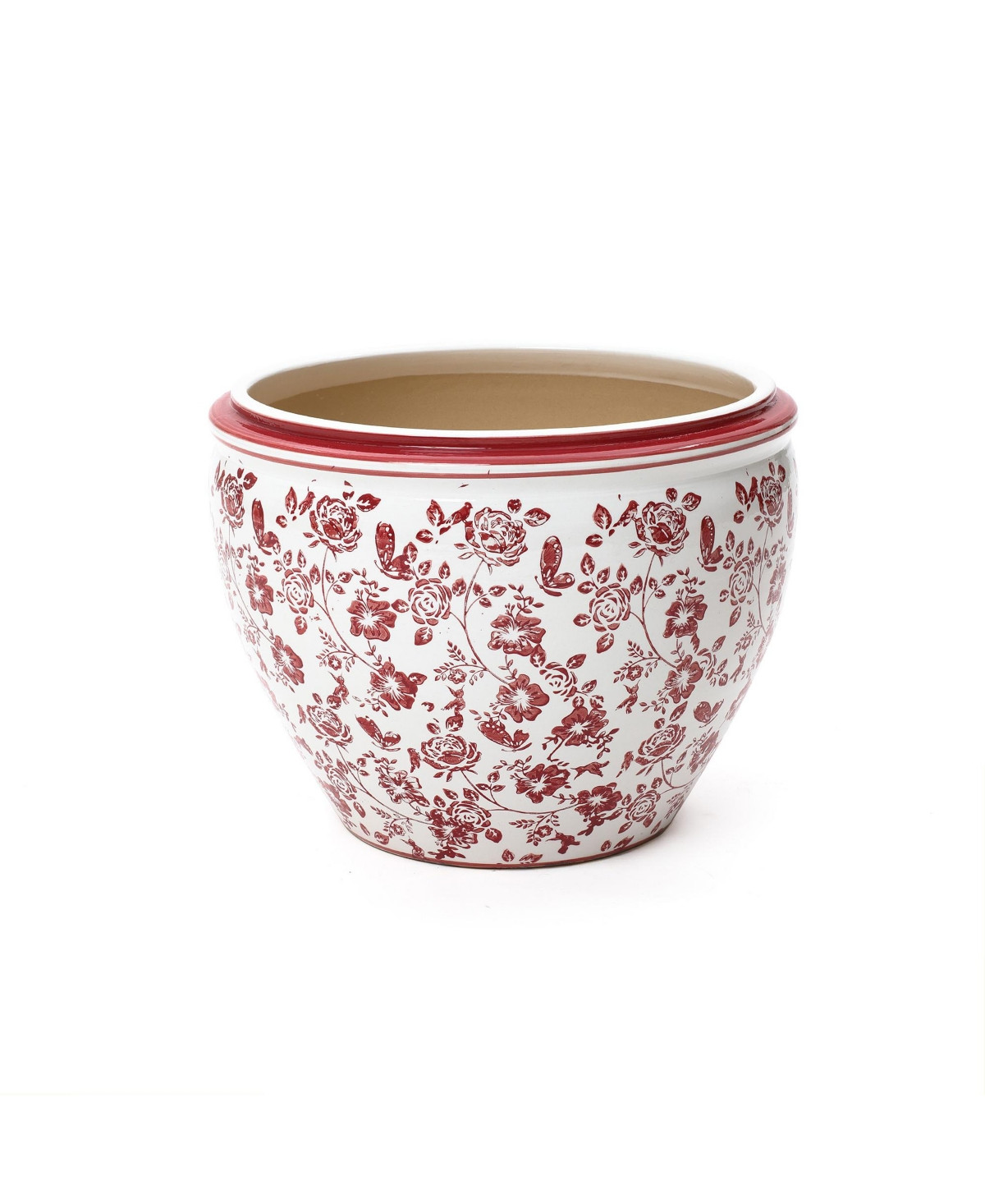 LuxenHome Red Floral Ceramic Planter, 17" Round, Indoor & Outdoor Garden Pot - Red, white | Macy's