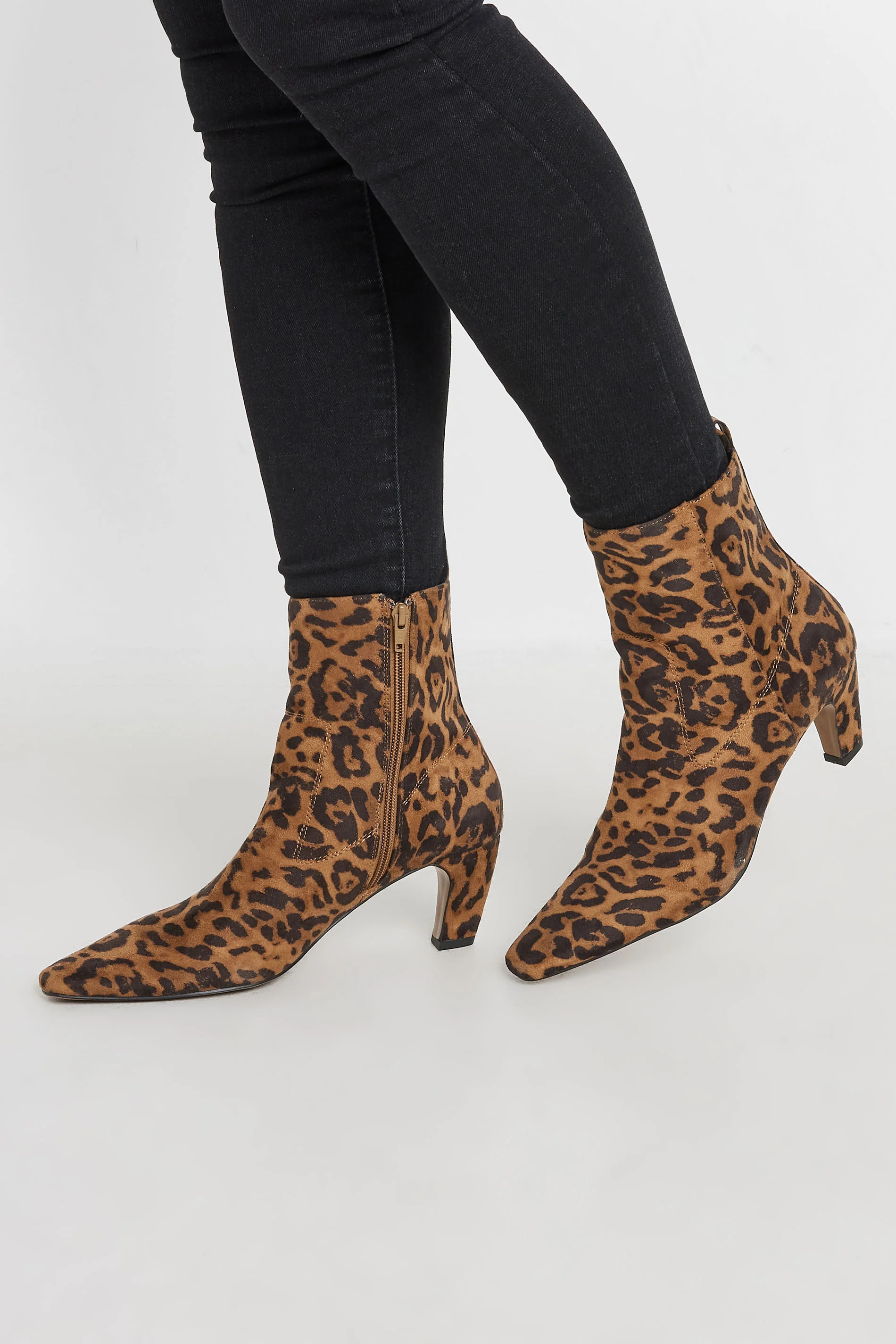 LTS Beige Brown Leopard Faux Suede Heeled Ankle Boot In Standard Fit | Long Tall Sally
