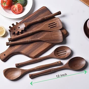 Gudamaye 12 inch Black walnut Wooden Utensils for Cooking, Long Handle Wooden Spoons for Cooking,... | Amazon (US)