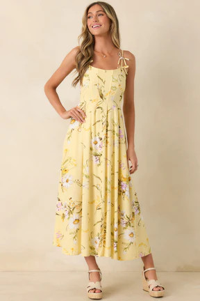 A Dash of Sunshine Yellow Multi Floral Print Bow Accent Strap Midi Dress | Red Dress