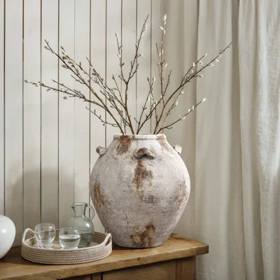 Mottled Brown and White Terracotta 12-Inch Tall Indoor and Outdoor Jug Vase with Handles | Wayfair North America