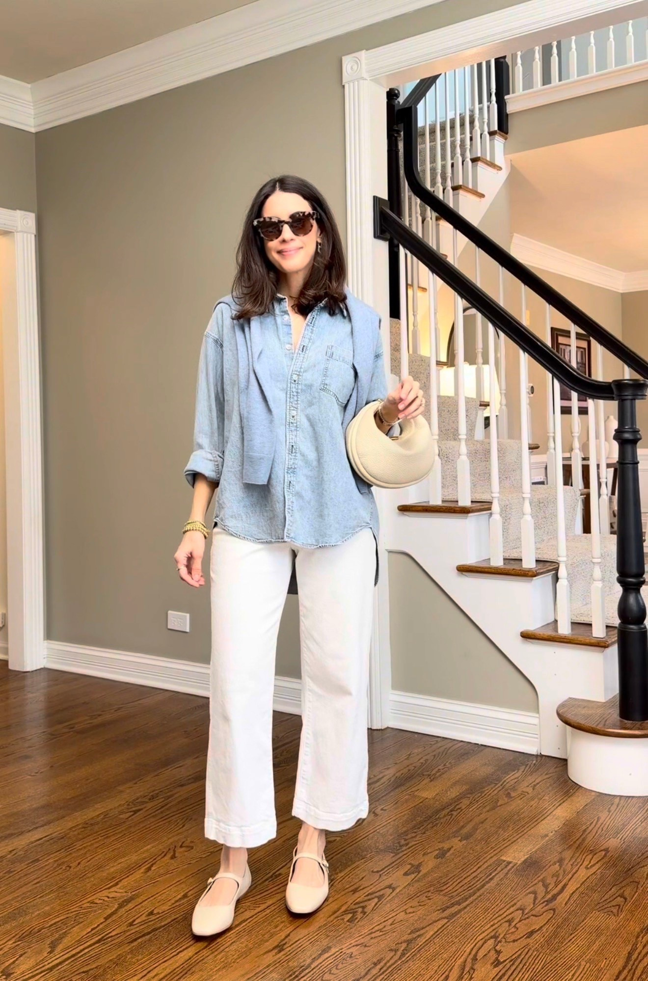 Styling a denim shirt for spring 
Wearing size small on the shirt
Pants are TTS
sweater size Smalll

#LTKootd #LTKSeasonal