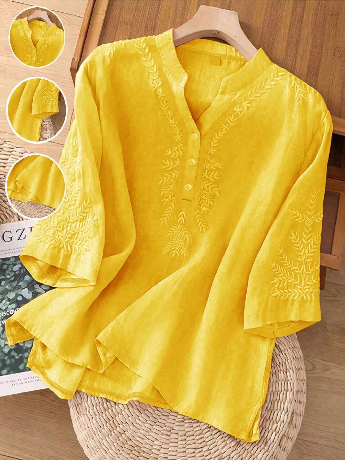 Chic YC Women's Embroidery V-Neck Half Sleeve Blouse Loose Summer Casu | Zulily