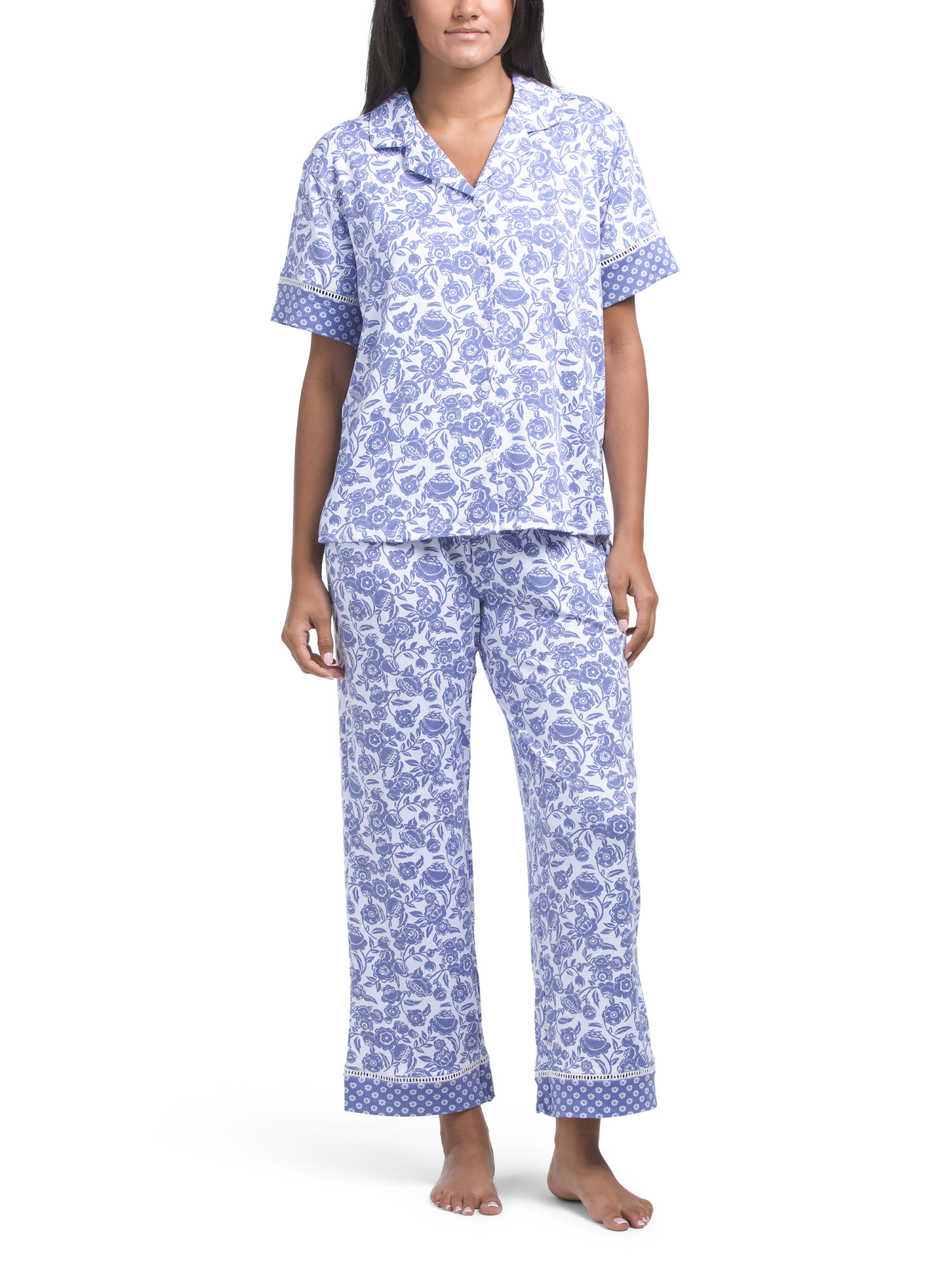 2pc Bubbly Flowers Notch Collar Pajama Top And Pants Set | TJ Maxx