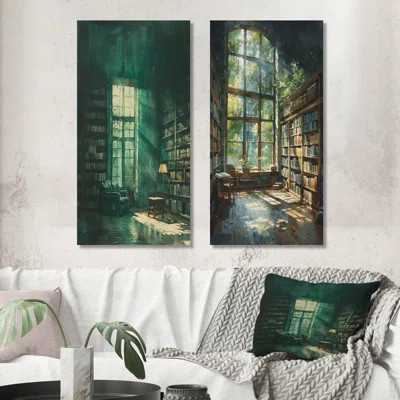 Green Brown Bookshelves Library Quiet Haven I - Libraries Wall Art 2 Pieces Set | Wayfair North America