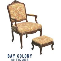 19Th Century Antique Walnut French Provincial Arm Chair & Footstool with Matching Floral Fabric | Etsy (US)