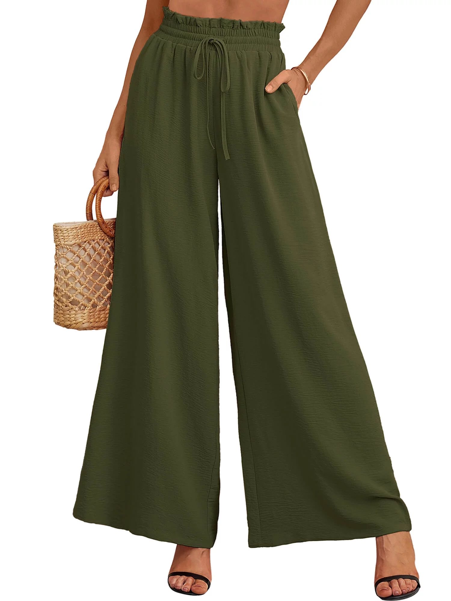 SHOWMALL Women's Pants Casual Elastic Waist Wide Leg Pants Olive S Palazzo Pants with Pockets | Walmart (US)