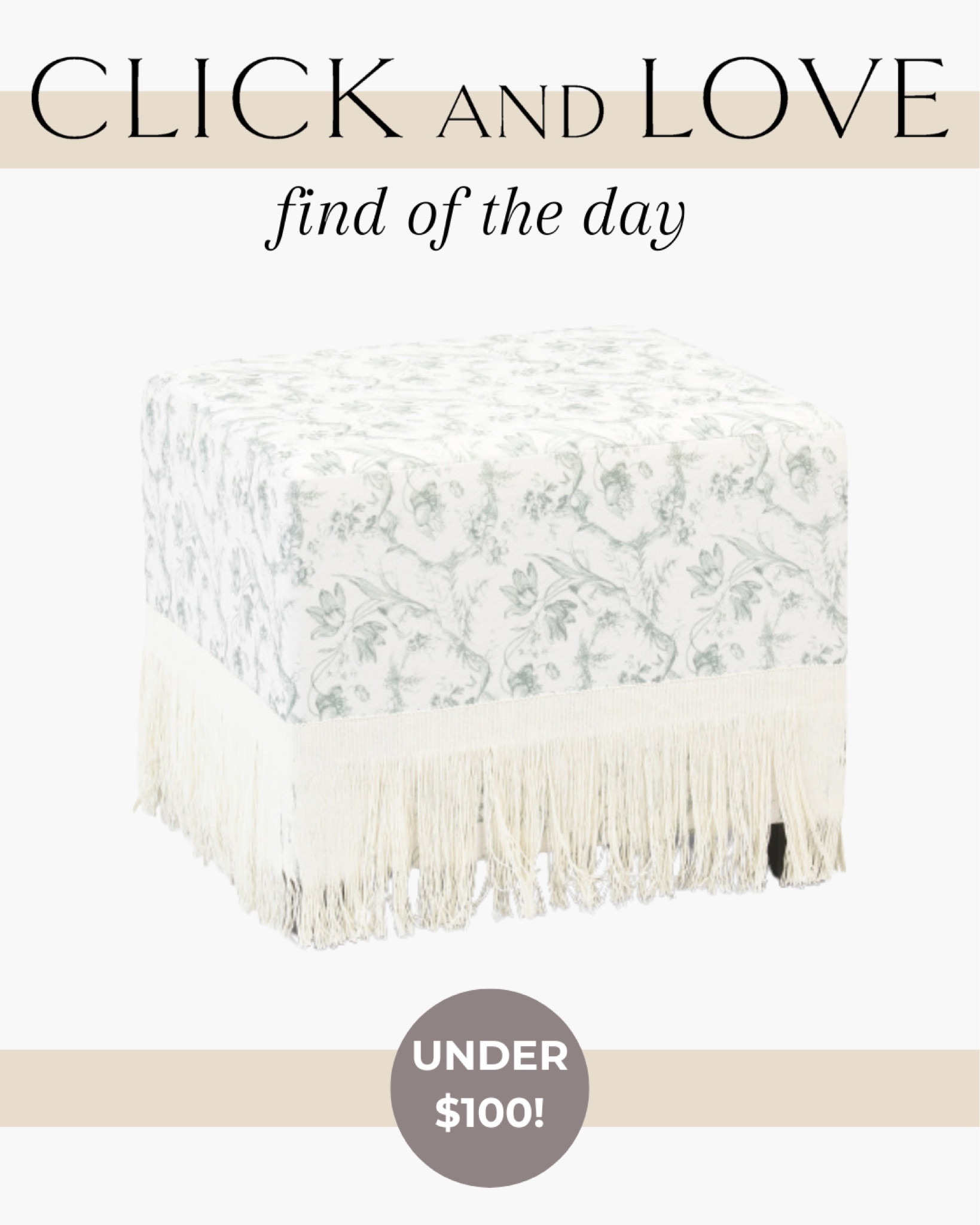 Obsessed with the look of this patterned fringe ottoman! Under $100 and would add such great dimension + extra seating to any space!

Vanity seating, foot rest, ottoman, seating area, living room, family room, bedroom, Modern home decor, traditional home decor, budget friendly home decor, Interior design, look for less, designer inspired, fringe decor, extra seating, patterned ottoman, chinoiserie, TJ Maxx find 

#LTKHome #LTKStyleTip #LTKFindsUnder100