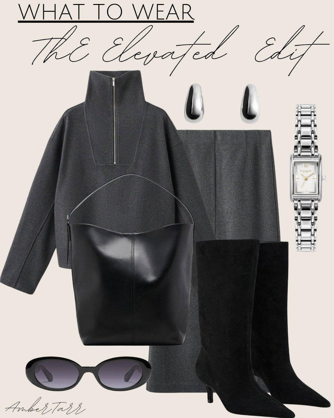 A modern elevated outfit styled with a charcoal zip-up sweater, a tailored charcoal midi skirt, and sleek black heeled boots. Paired with a structured black shoulder bag, minimalist silver stud earrings, oversized black sunglasses, and a silver watch for a polished, understated finish.This look is ideal for workwear, office outfits, business casual style, or elevated everyday wear. The monochromatic charcoal and black color palette feels timeless and sophisticated, while the structured silhouettes create a clean, flattering shape. The midi skirt adds elegance, and the ankle boots keep the outfit sharp and wearable.Perfect for building a capsule wardrobe, minimalist outfits, or chic neutral looks that work year-round. A great option if you love elevated basics, tailored pieces, and effortless, put-together style.

#LTKOver40 #LTKTravel #LTKootd