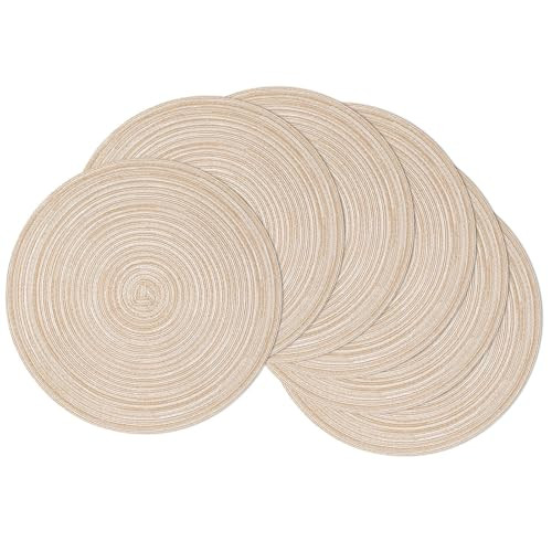 SHACOS 15 inch Round Placemats Set of 6, Cotton Polyester Woven Braided Place Mats, Washable Heat Resistant Non Slip Table Mats for Kitchen Dining Table (Beige, 6) | Amazon (US)