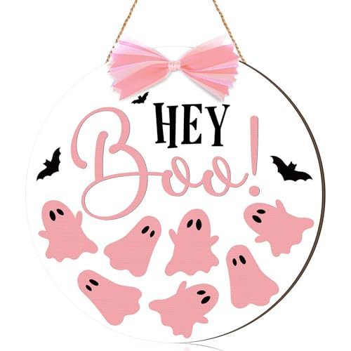 Beeveer Halloween Door Sign Pink Ghost Wreath Decorations Boo Wooden Hanging Decorations with Pink Bows Halloween Porch Sign for Farmhouse Front Door Hanger Porch Wall Decor | Amazon (US)