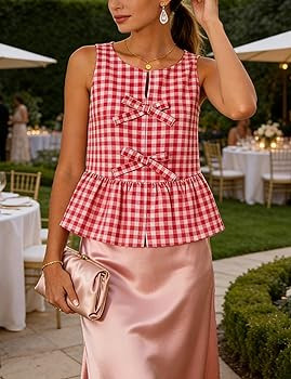 Womens Summer Sleeveless Gingham Tank Tops Bow Knot Round Neck Flowy Ruffled Peplum Hem Cute Shir... | Amazon (US)