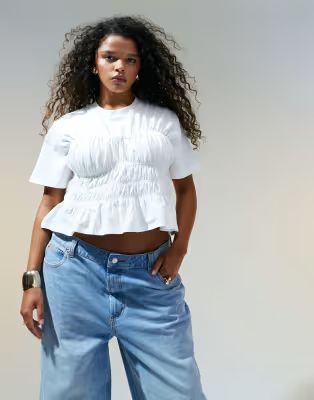 ASOS DESIGN Curve shirred corset waist t-shirt in white | ASOS (Global)