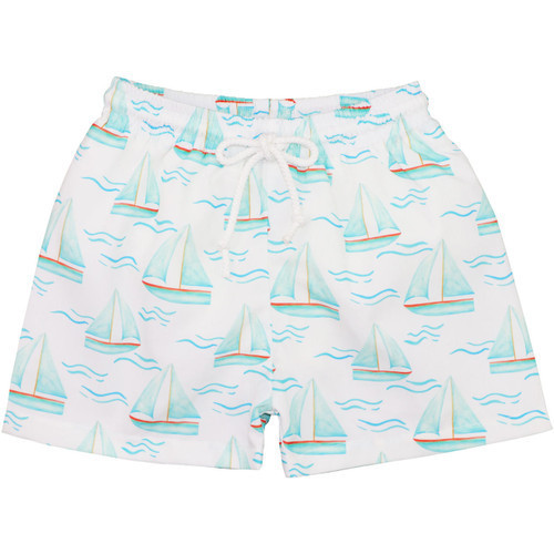 White And Blue Sailboat Swim Trunks - Shipping Mid April | Cecil and Lou
