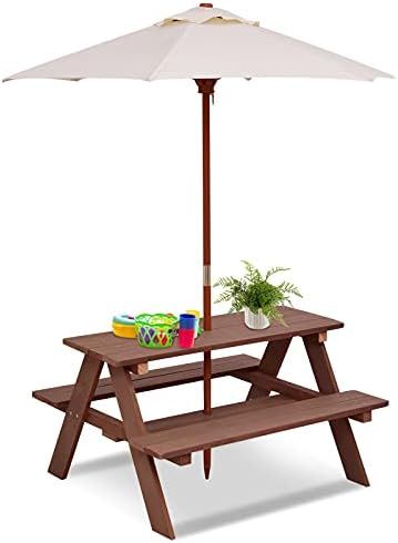 HONEY JOY Kids Picnic Table, Toddler Outdoor Wood Table and Chair Set, Removable & Foldable Umbre... | Amazon (US)