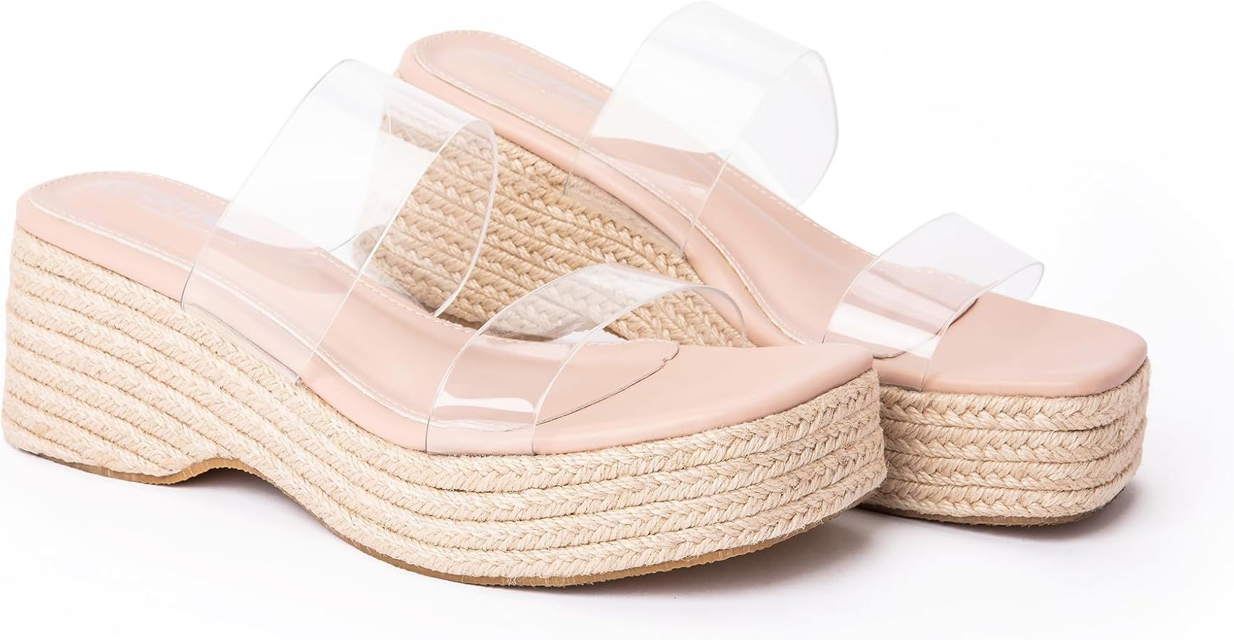 Platform Slip on Espadrille Sandals for Women Clear Strap Stylish Wedges Slides Sandals Dressy Pl... | Amazon (US)