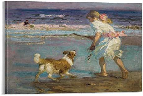 Decorative Oil Painting Poster Edward Henry Potthast's Girl And Dog on The Beach Oil Painting Art... | Amazon (US)