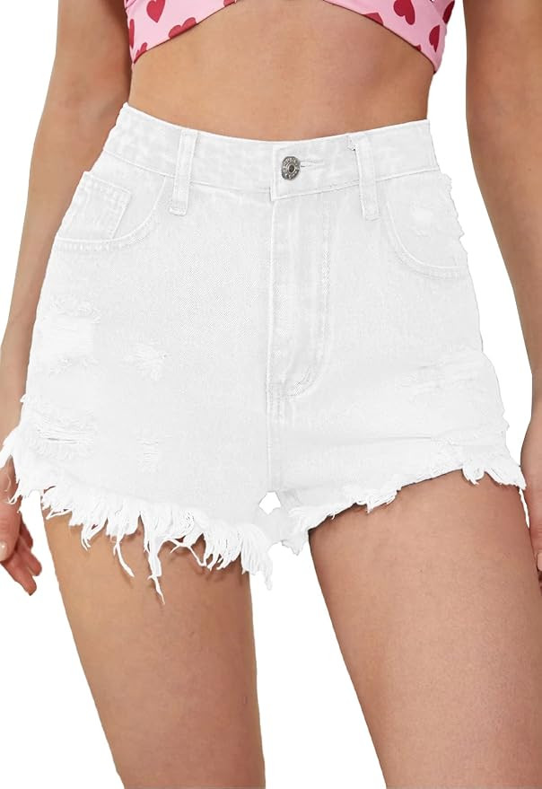 Women's High Waisted Stretchy Denim Shorts Ripped Raw Hem Summer Jeans Shorts | Amazon (US)