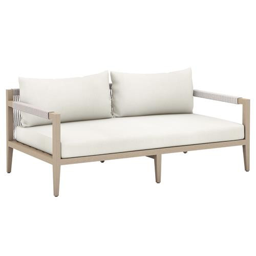 Cheryl Rustic Lodge White Upholstered Natural Teak Outdoor Sofa - Small - 63"W | Kathy Kuo Home