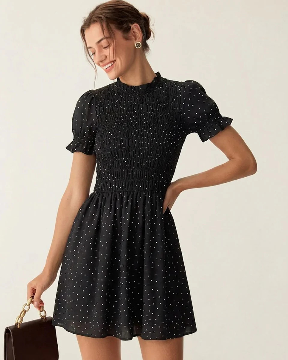 Black Polka Dot Shirred Mini Dress | rihoas.com