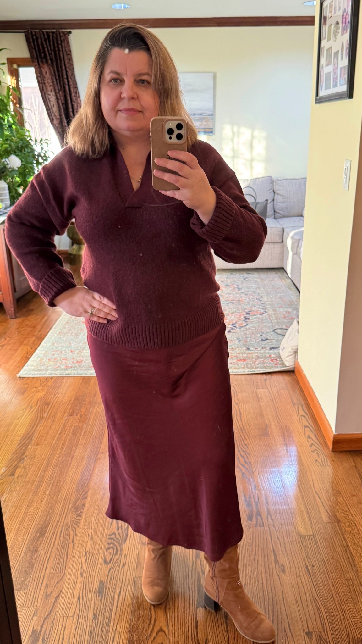 Monochromatic burgundy outfit , silky skirt, boots.
#LTKweekend#

#LTKootd #LTKOver40