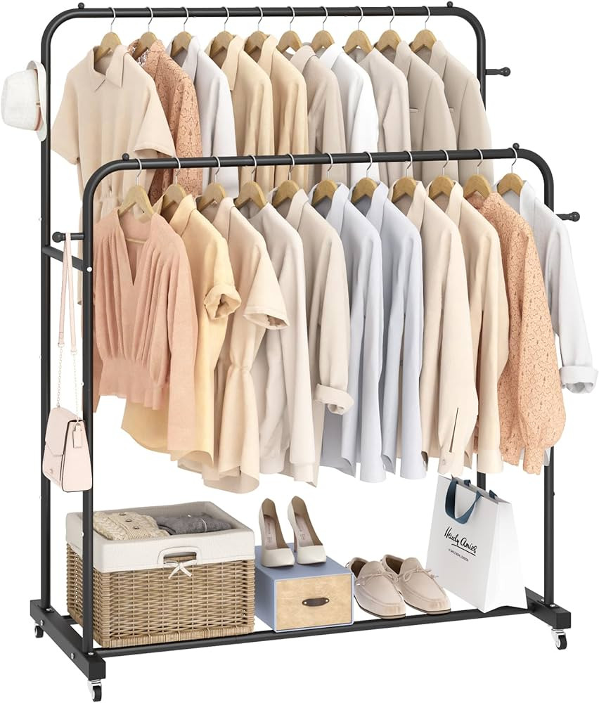 Laiensia Double Rods Garment Rack with Wheels, Clothing Rack for Hanging Clothes,4 Hooks, Multi-f... | Amazon (US)