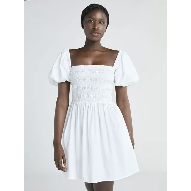 Scoop Women’s and Women's Plus Cotton Smocked Mini Dress with Puff Sleeves, Sizes XS-4X | Walmart (US)