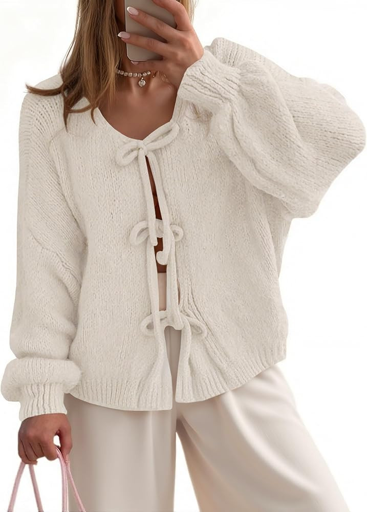 UNCLECAT Womens Bow Tie Front Cardigan Sweaters Oversized Fall Open Front Cardigans Cute Loose Kn... | Amazon (US)