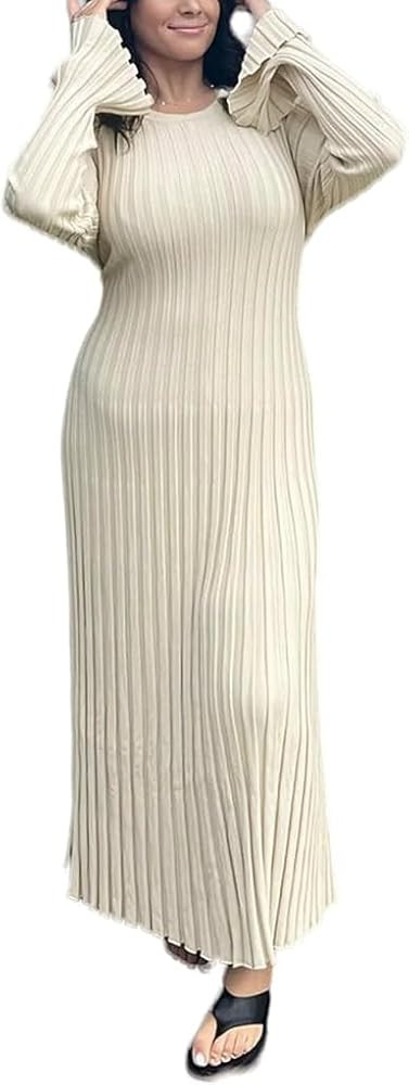 Women Bell Long Sleeve Knit Maxi Dress Casual Ribbed Sweater Dress Pleated Bodycon Long Dress | Amazon (US)