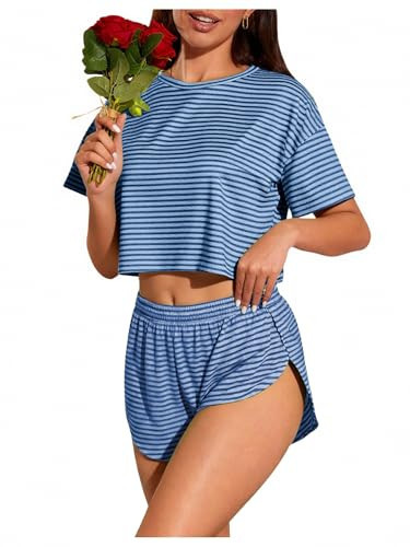 OYOANGLE Women's 2 Piece Summer Pajama Set Cute Pj Sets Striped Print Short Sleeve Tee and Side Split Shorts Set Mint Blue Medium | Amazon (US)
