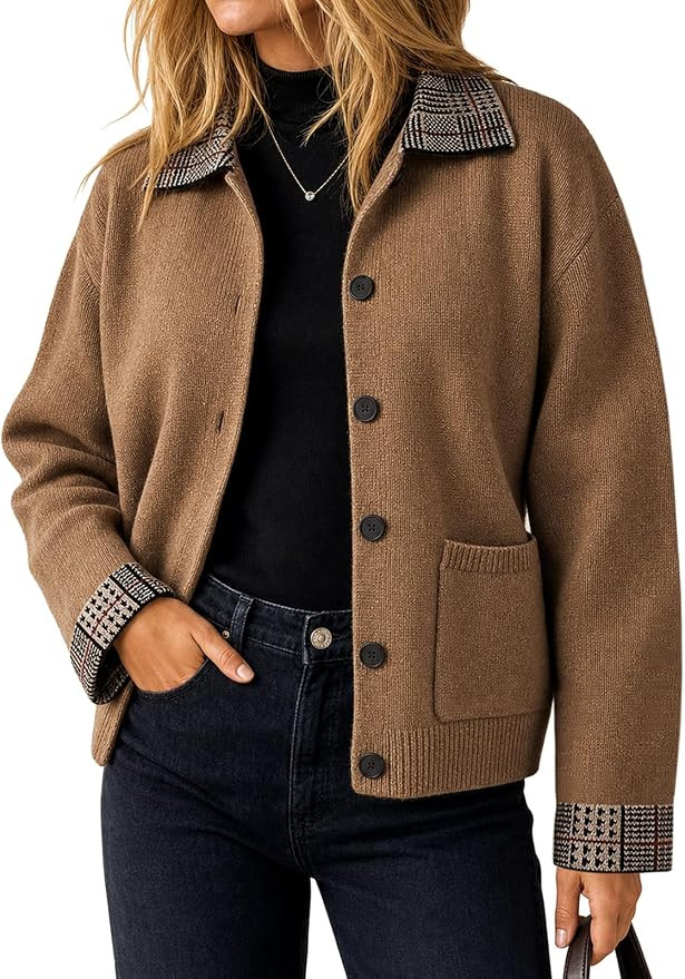 CiCiBird Womens Fall Button Down Knit Cardigan Jacket | Plaid Collar And Cuffs, Front Pockets, Ri... | Amazon (US)