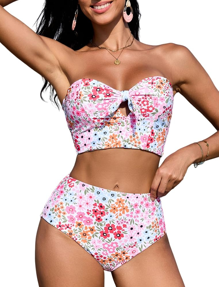 ZAFUL Women Ribbed Keyhole Tied High Waisted Bikini Spaghetti Straps Two Pieces Swimsuit Bathing ... | Amazon (US)