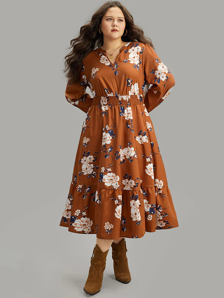 Floral Print Notched Shirred Elastic Cuffs Dress | Bloomchic