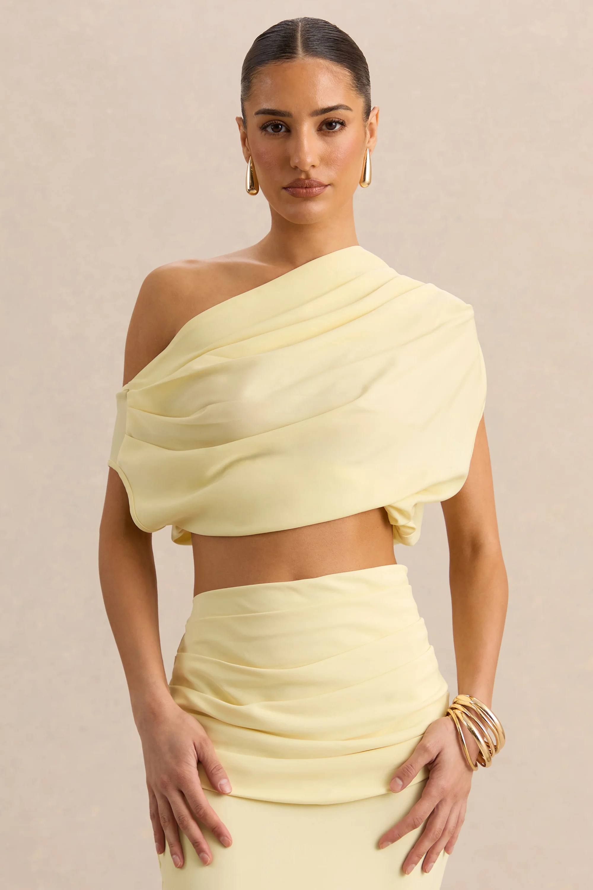 Yaselle | Lemon Satin Asymmetric-Neck Crop-Top | Club L London