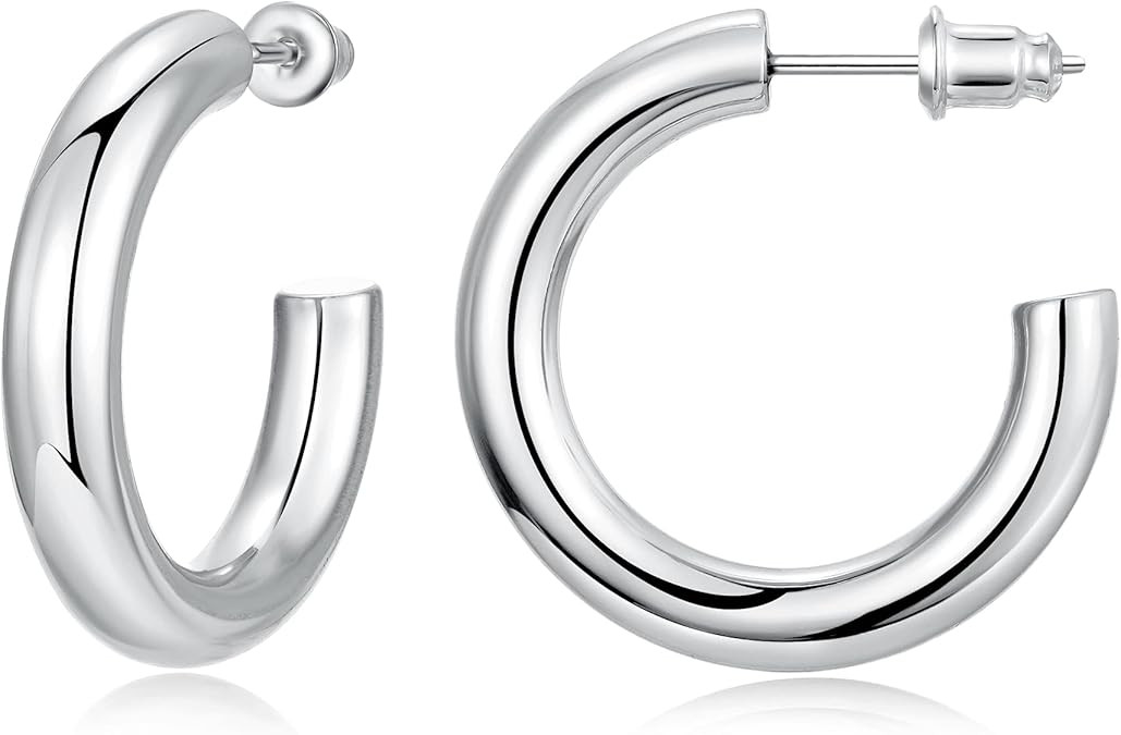 Gacimy Chunky Hoop Earrings for Women 14K Gold Plated, 925 Sterling Silver Post Hoops for Women | Amazon (US)