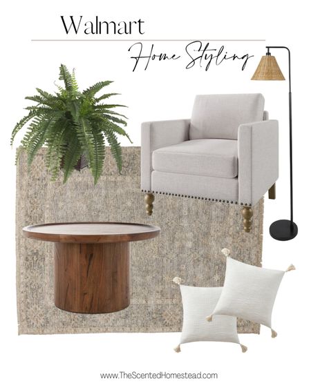 Walmart living room styling, living room furniture, transitional furniture, linen accent chair decorative legs, faux greenery, Better homes & gardens rattan floor lamp, neutral throw pillows, solid round pedestal coffee table, vintage tan area rug. 

#LTKFind #LTKhome #LTKunder100