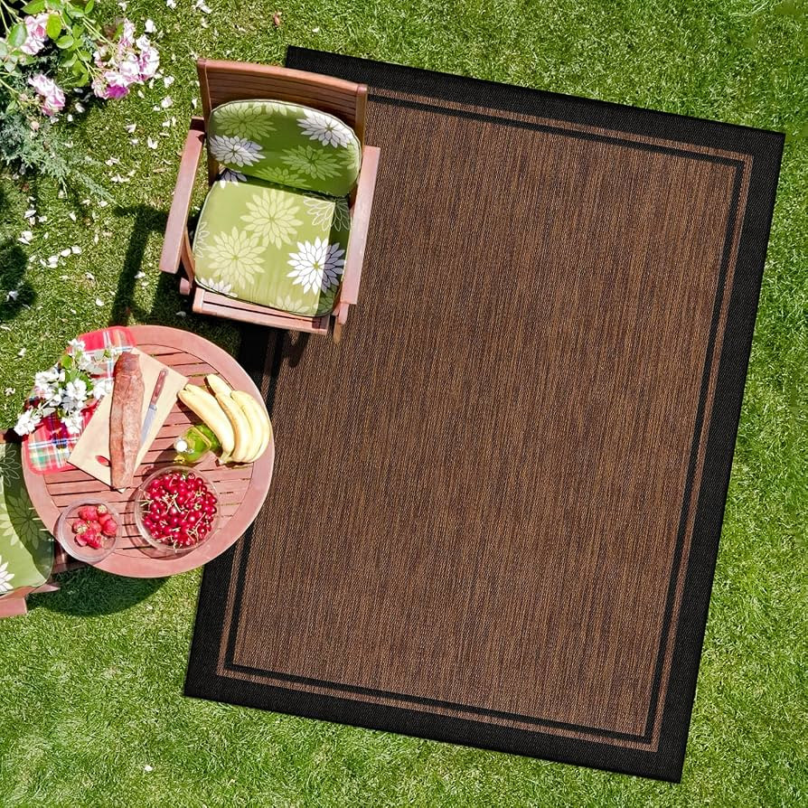 CAMILSON Indoor Outdoor Rug, 8x10 Bordered Nut Brown Black Modern Area Rugs for Indoor and Outdoo... | Amazon (US)