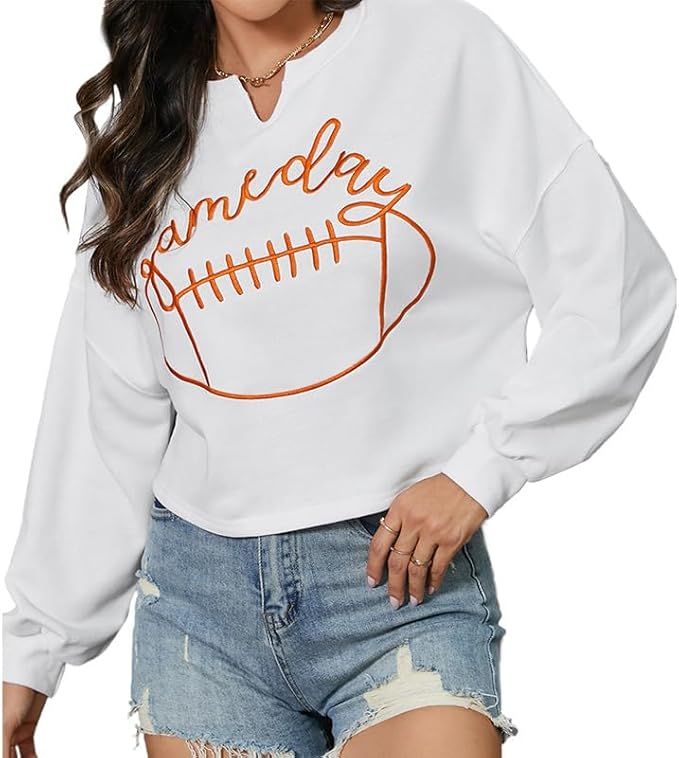 Fronage Women's Game Day Sweatshirt Rugby Football Print Long Sleeve Slit V Neck Pullover Loose C... | Amazon (US)