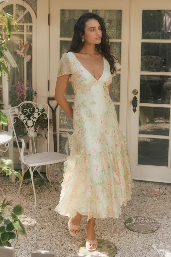 Deluca Light Green Floral Ruffled Midi Dress | Lulus